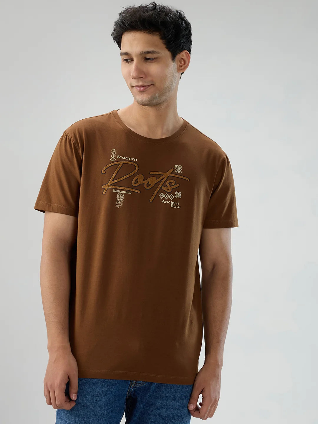 Men T-Shirt Graphic Brown Regular Fit