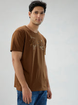 Men T-Shirt Graphic Brown Regular Fit