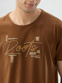 Men T-Shirt Graphic Brown Regular Fit