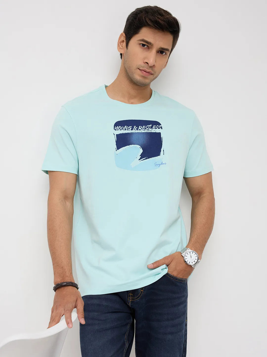 Men T-Shirt Graphic Blue Regular Fit