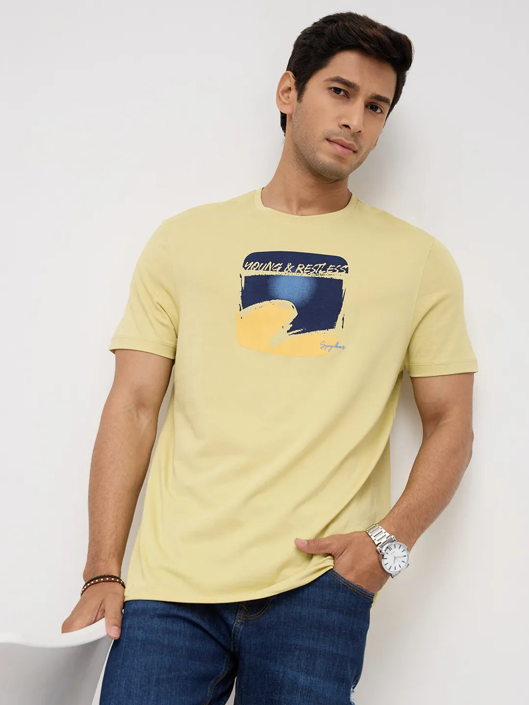 Men T-Shirt Graphic Yellow Regular Fit