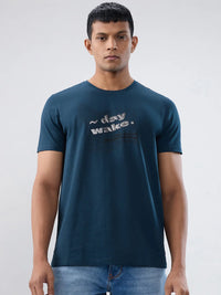 Men T-Shirt Textured Blue Regular Fit