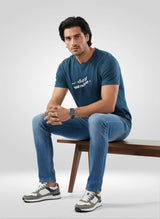Men T-Shirt Textured Blue Regular Fit