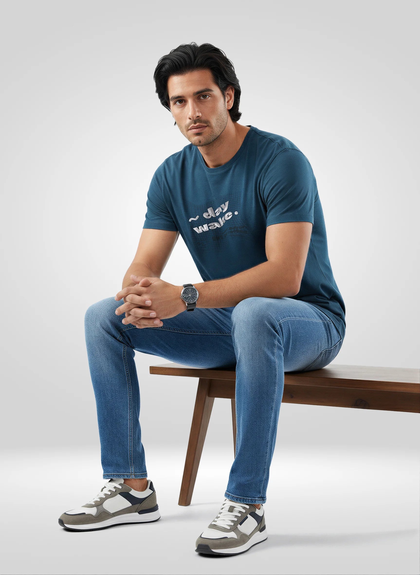 Men T-Shirt Textured Blue Regular Fit