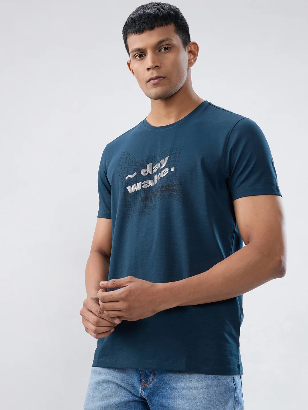 Men T-Shirt Textured Blue Regular Fit