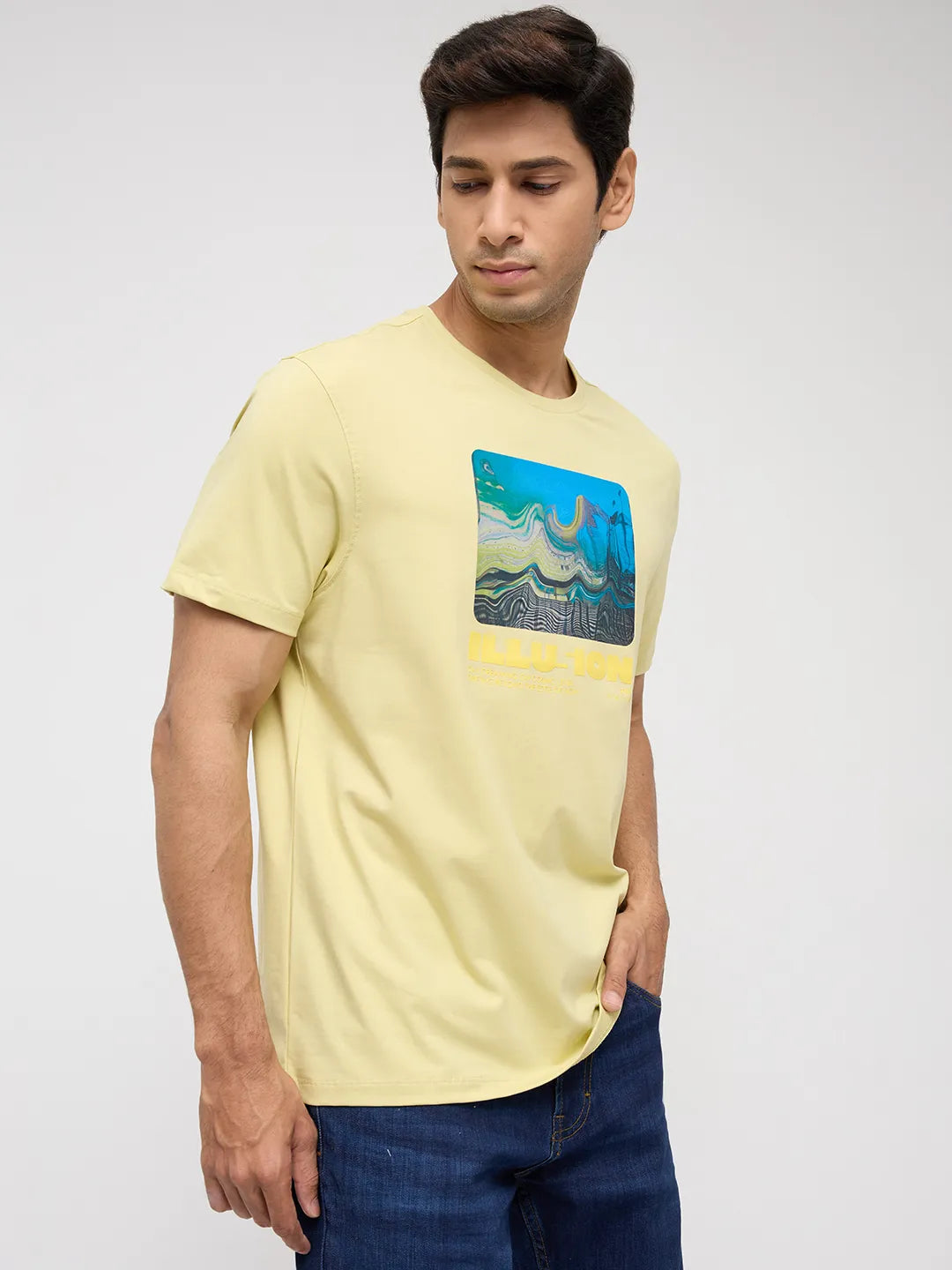 Men T-Shirt Graphic Yellow Regular Fit