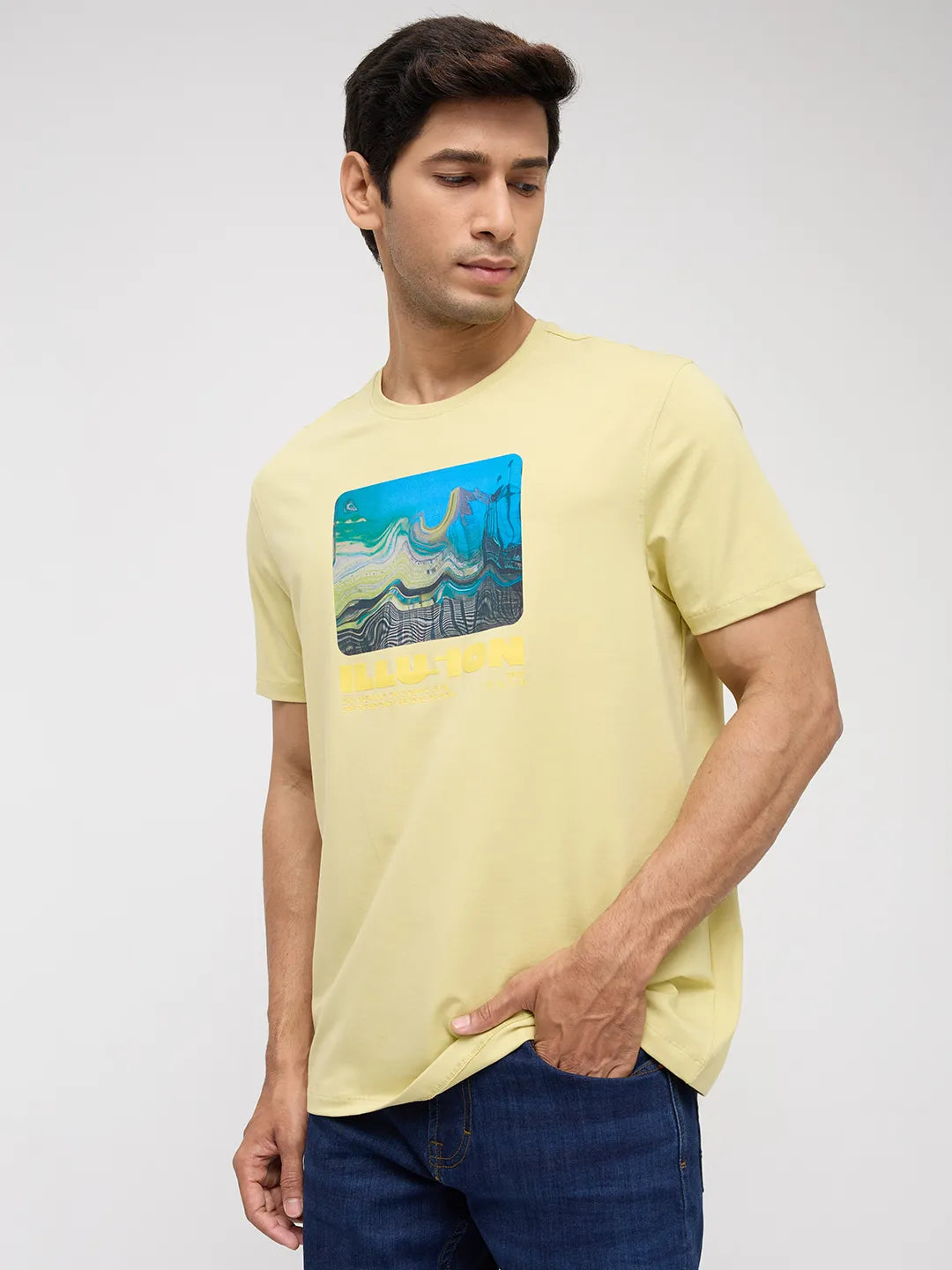 Men T-Shirt Graphic Yellow Regular Fit