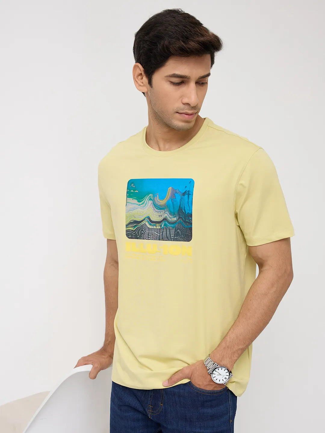 Men T-Shirt Graphic Yellow Regular Fit