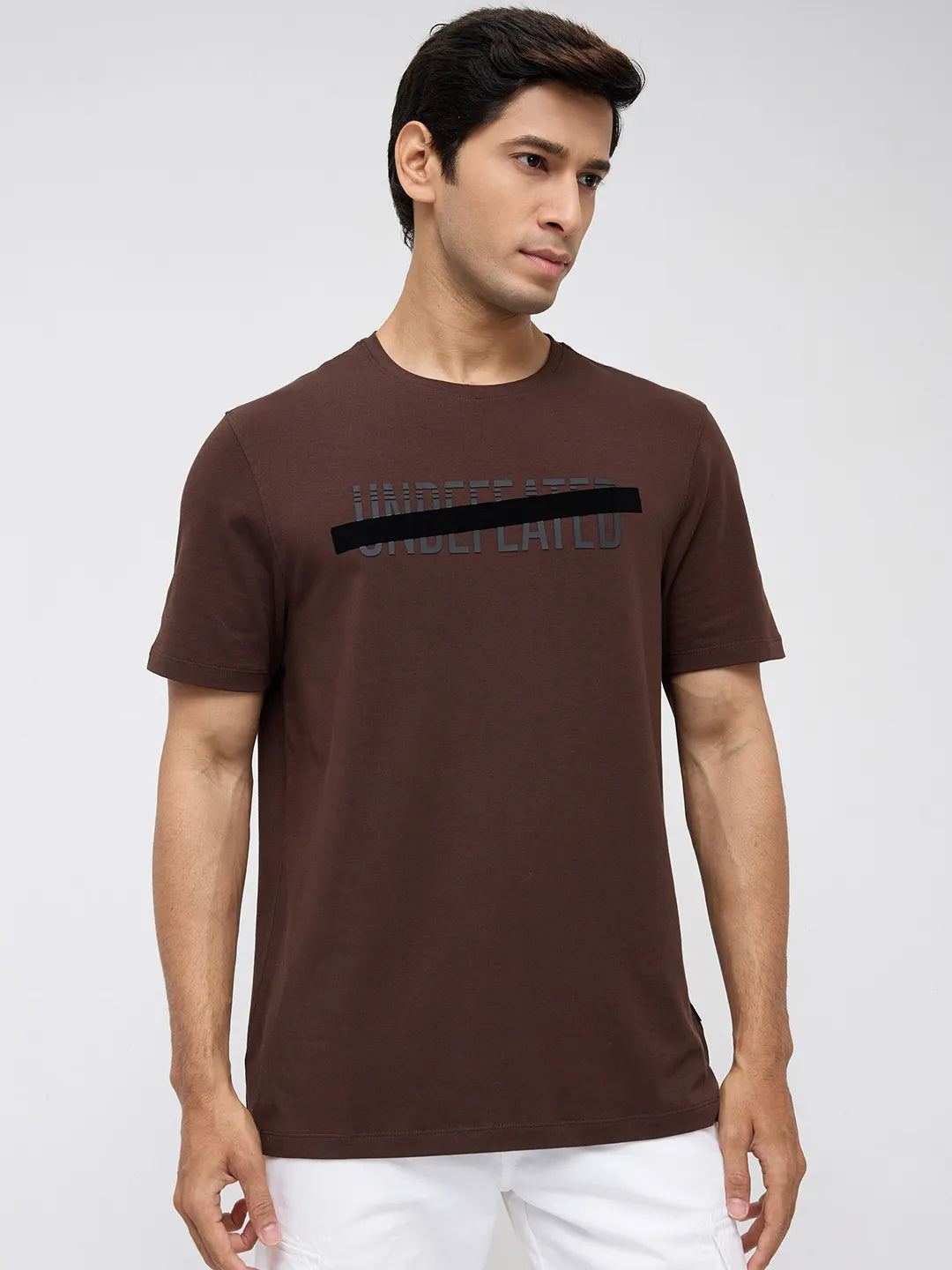Men T-Shirt Graphic Brown Regular Fit