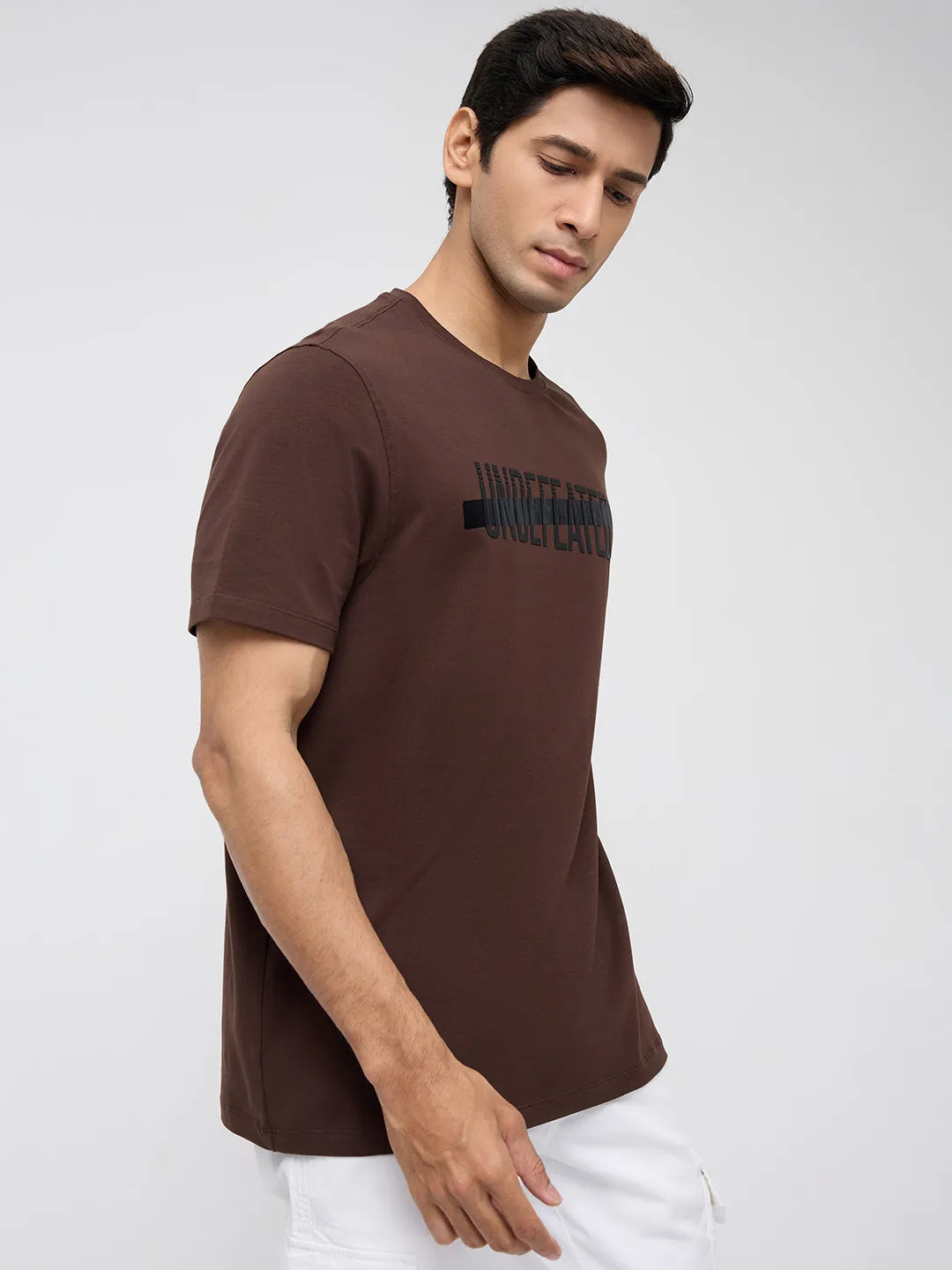 Men T-Shirt Graphic Brown Regular Fit