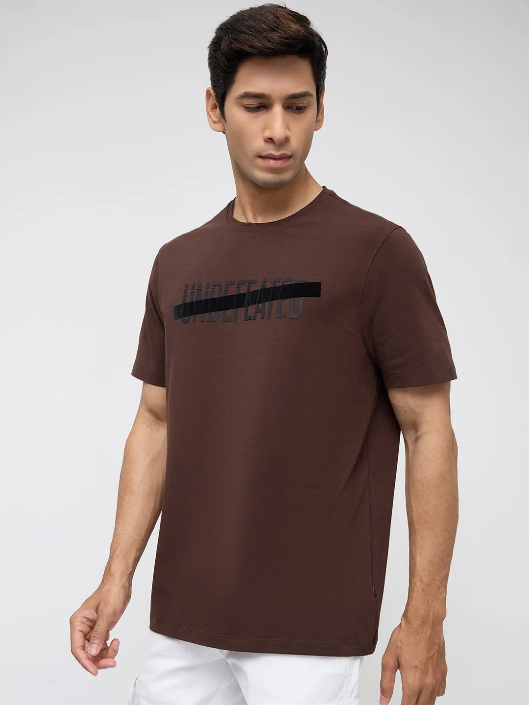 Men T-Shirt Graphic Brown Regular Fit