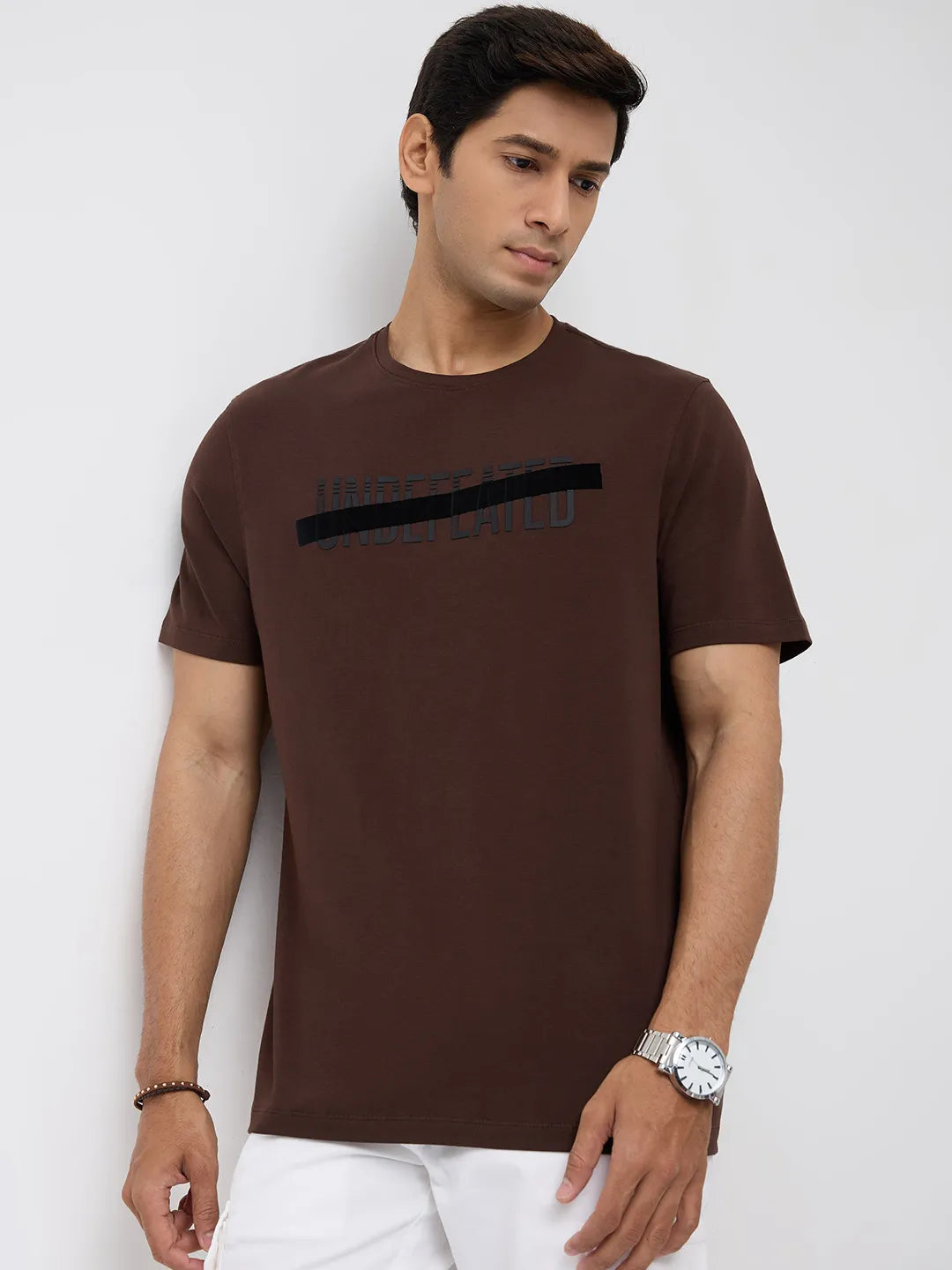 Men T-Shirt Graphic Brown Regular Fit