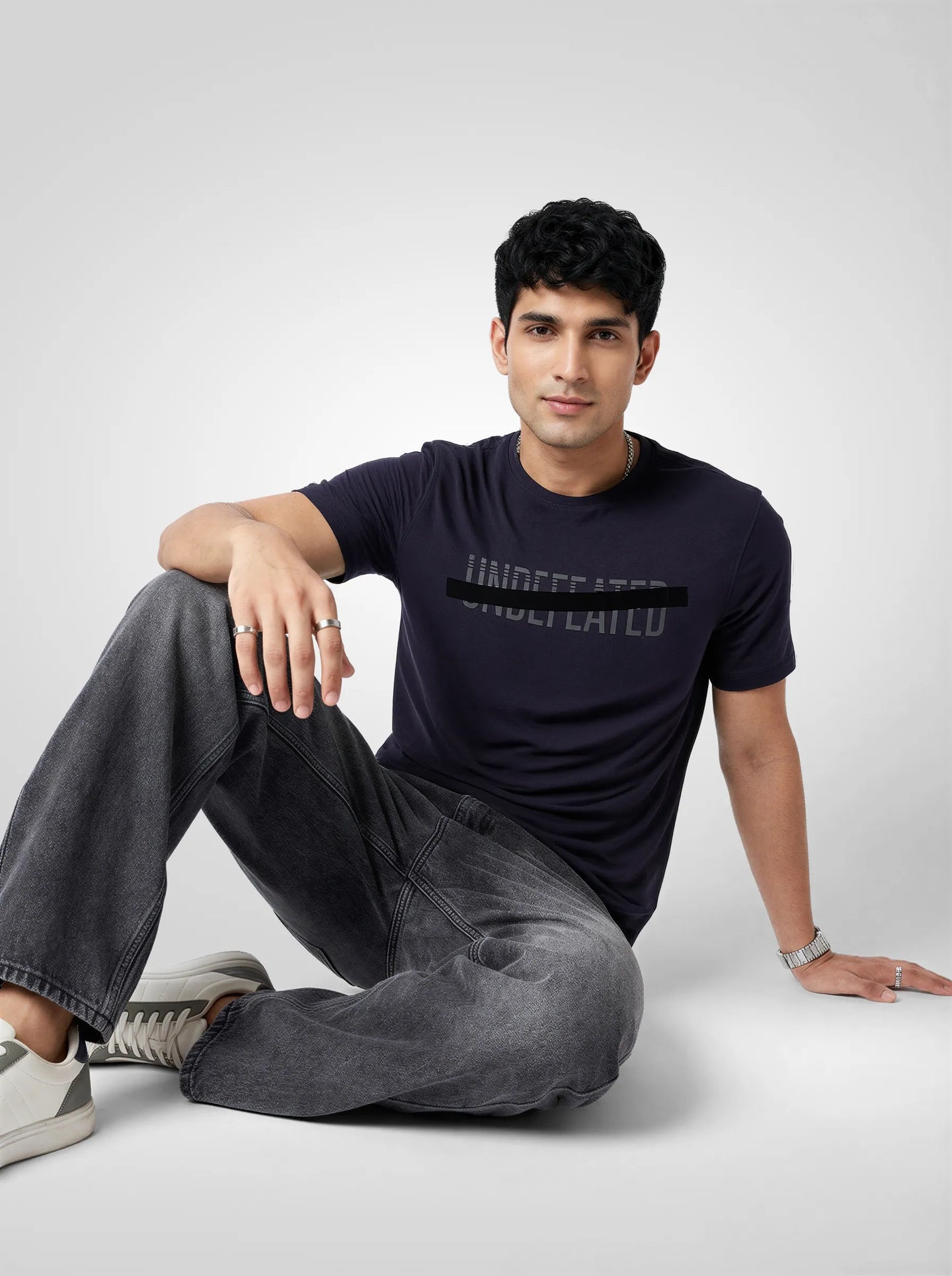 Men T-Shirt Graphic Navy Blue Regular Fit