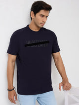 Men T-Shirt Graphic Navy Blue Regular Fit
