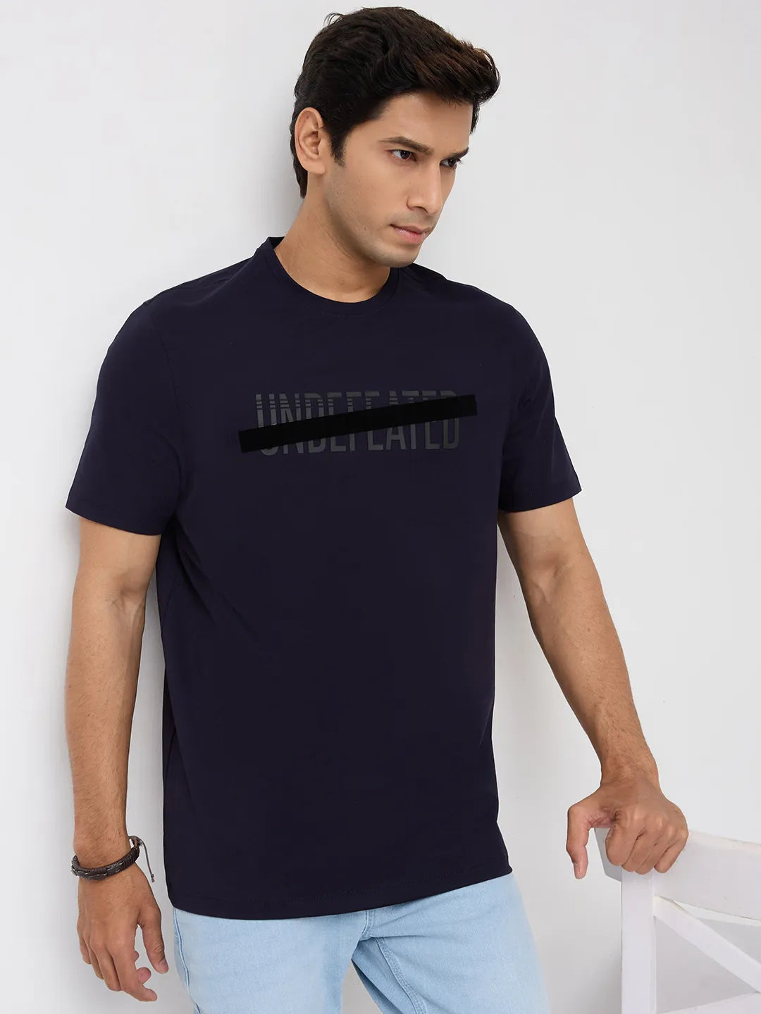 Men T-Shirt Graphic Navy Blue Regular Fit