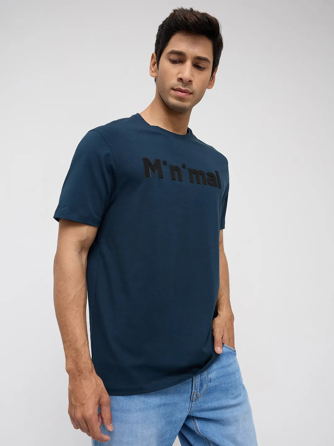 Men T-Shirt Graphic Teal Blue Regular Fit