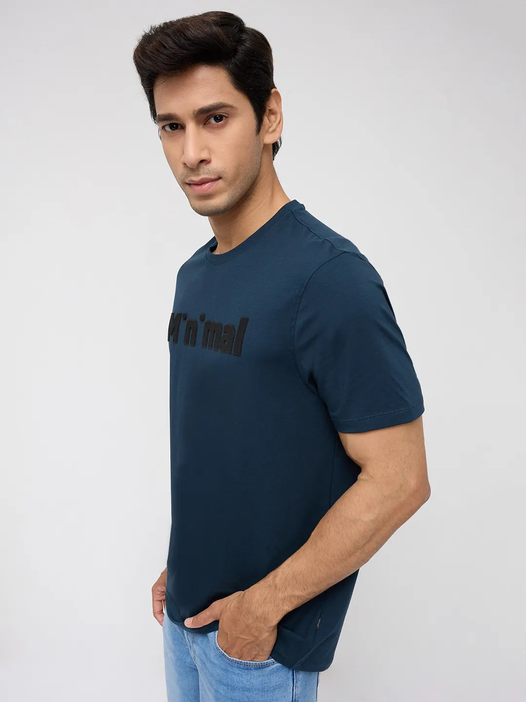 Men T-Shirt Graphic Teal Blue Regular Fit