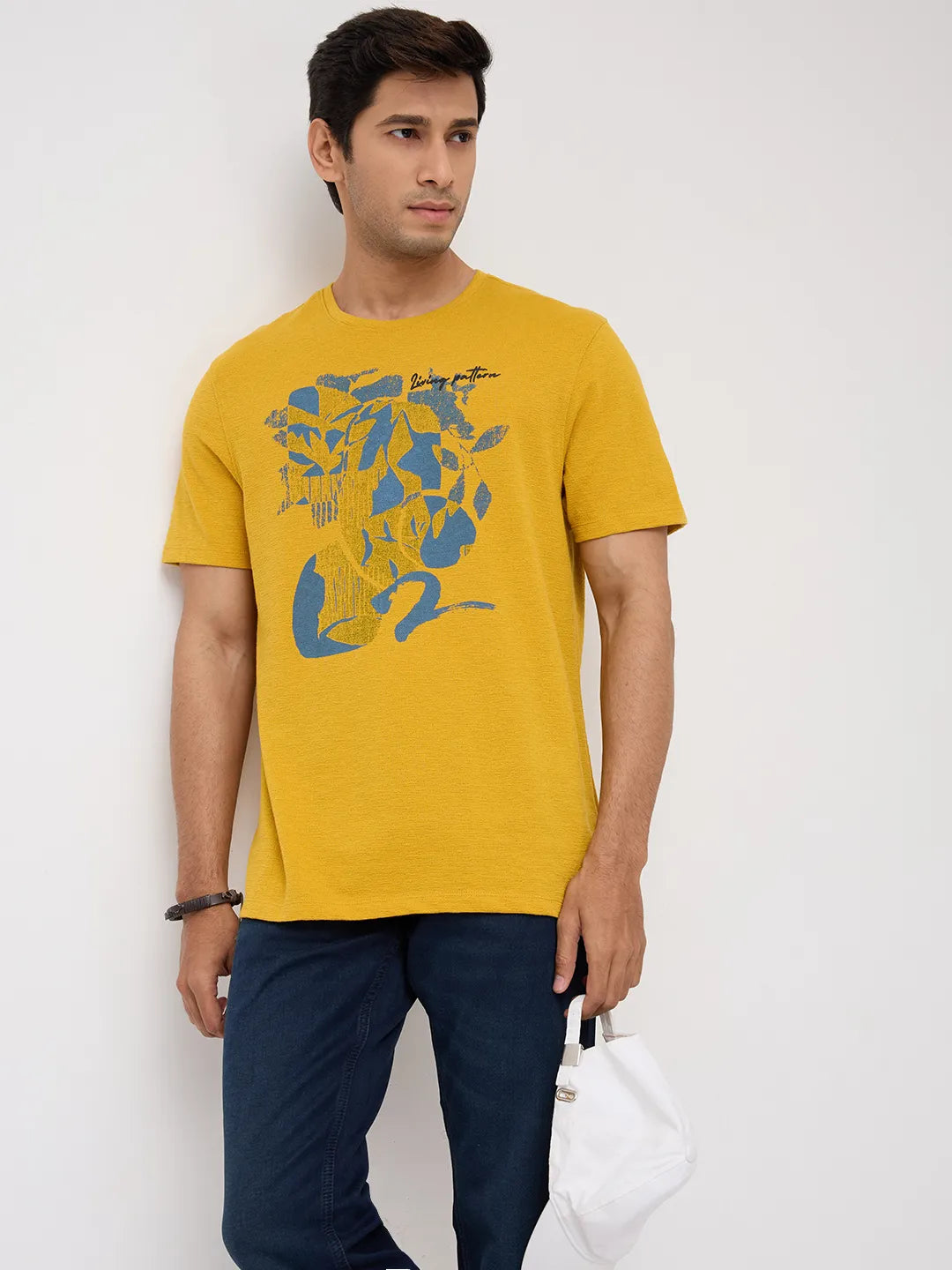 Men T-Shirt Graphic Yellow Regular Fit