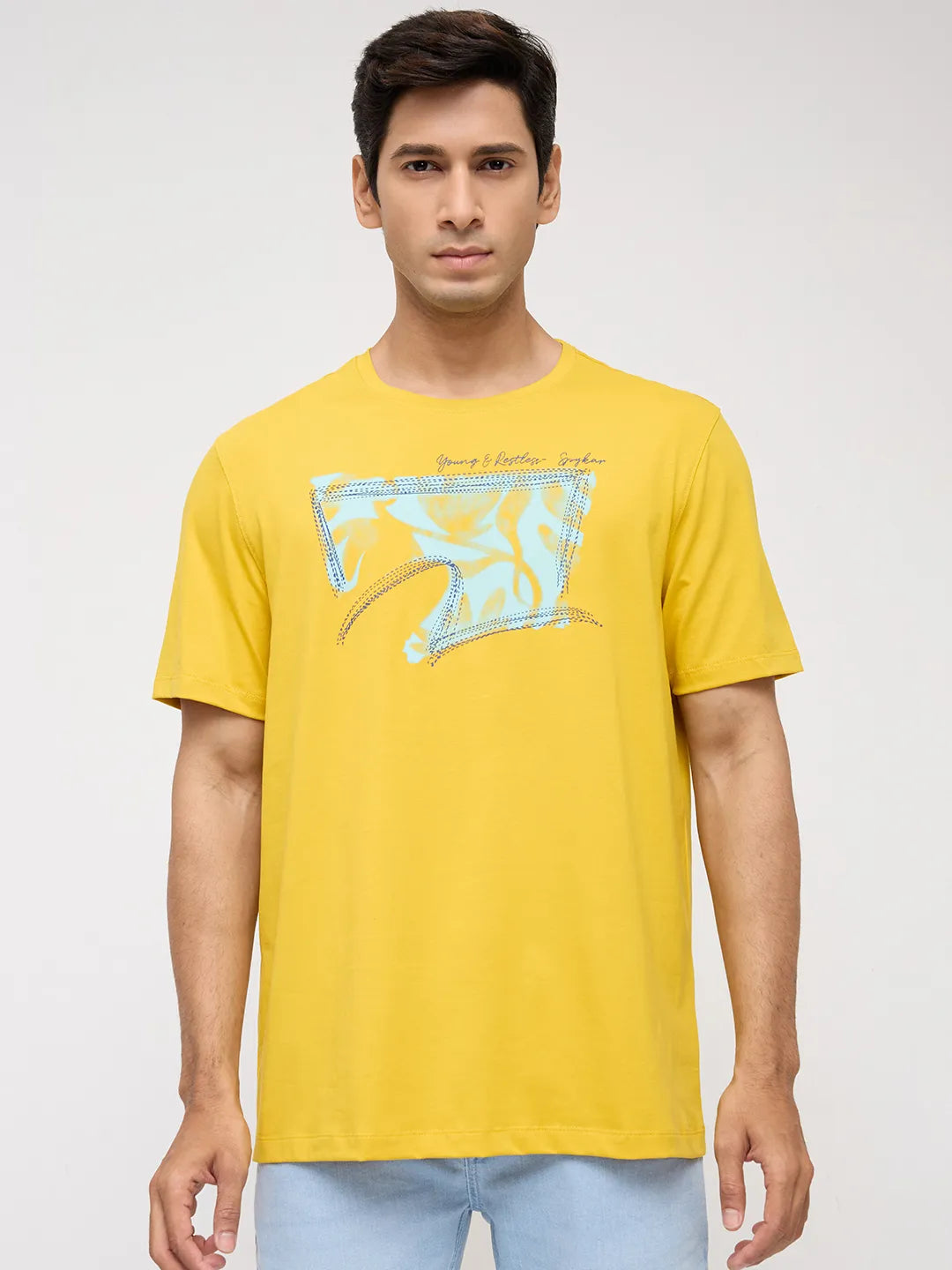 Men T-Shirt Graphic Yellow Regular Fit