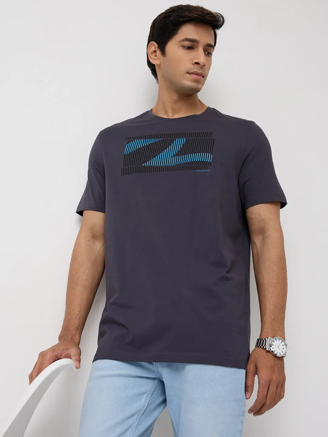 Men T-Shirt Graphic Grey Regular Fit