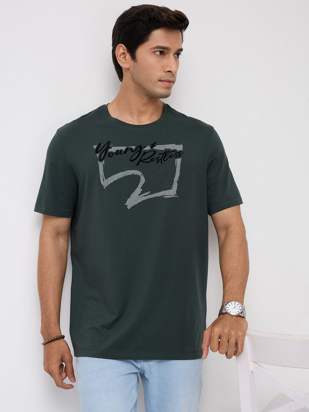 Men T-Shirt Graphic Green Regular Fit