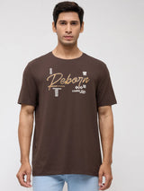 Men T-Shirt Graphic Brown Regular Fit