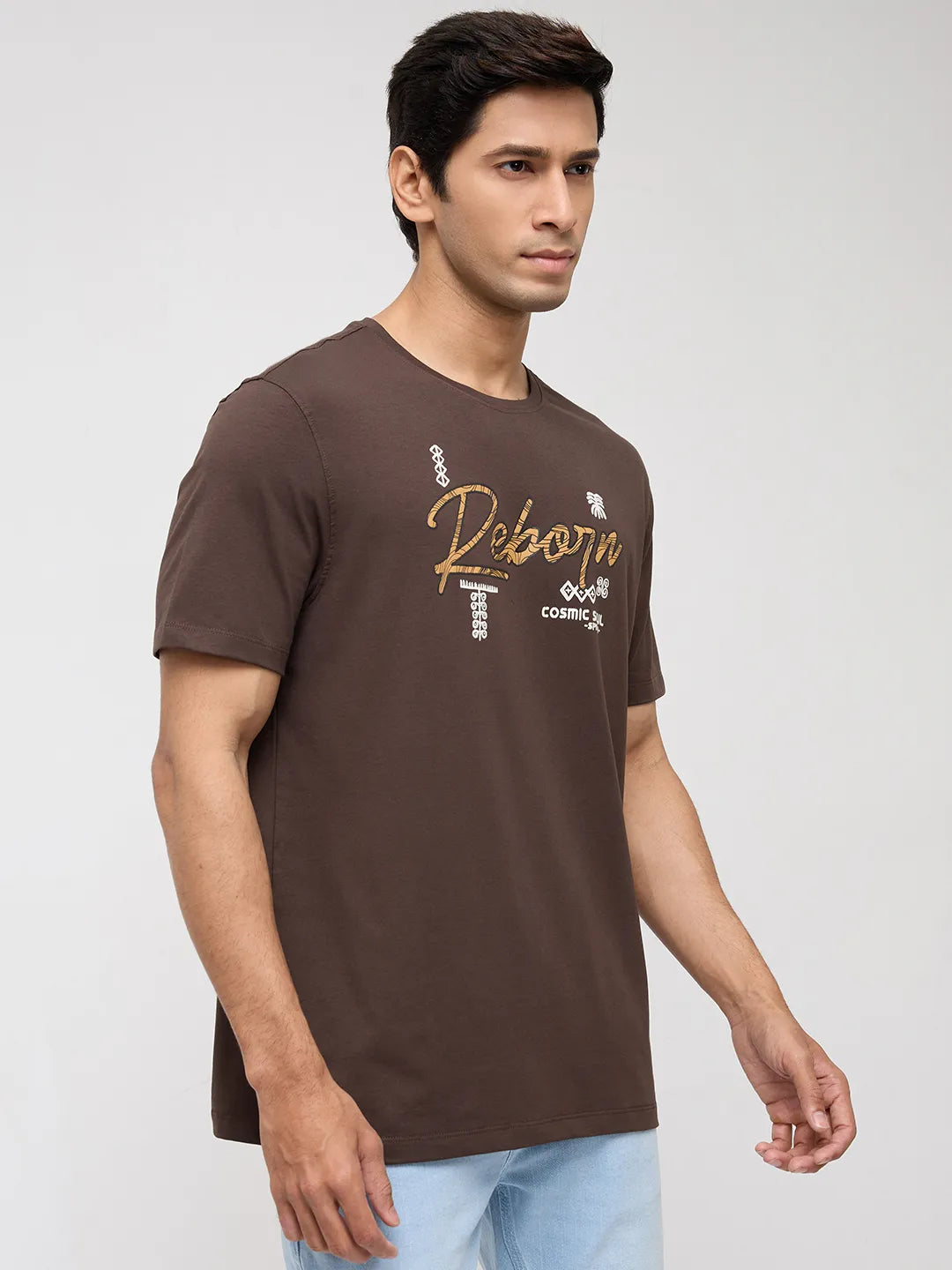 Men T-Shirt Graphic Brown Regular Fit