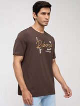 Men T-Shirt Graphic Brown Regular Fit
