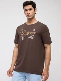 Men T-Shirt Graphic Brown Regular Fit