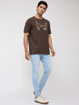 Men T-Shirt Graphic Brown Regular Fit