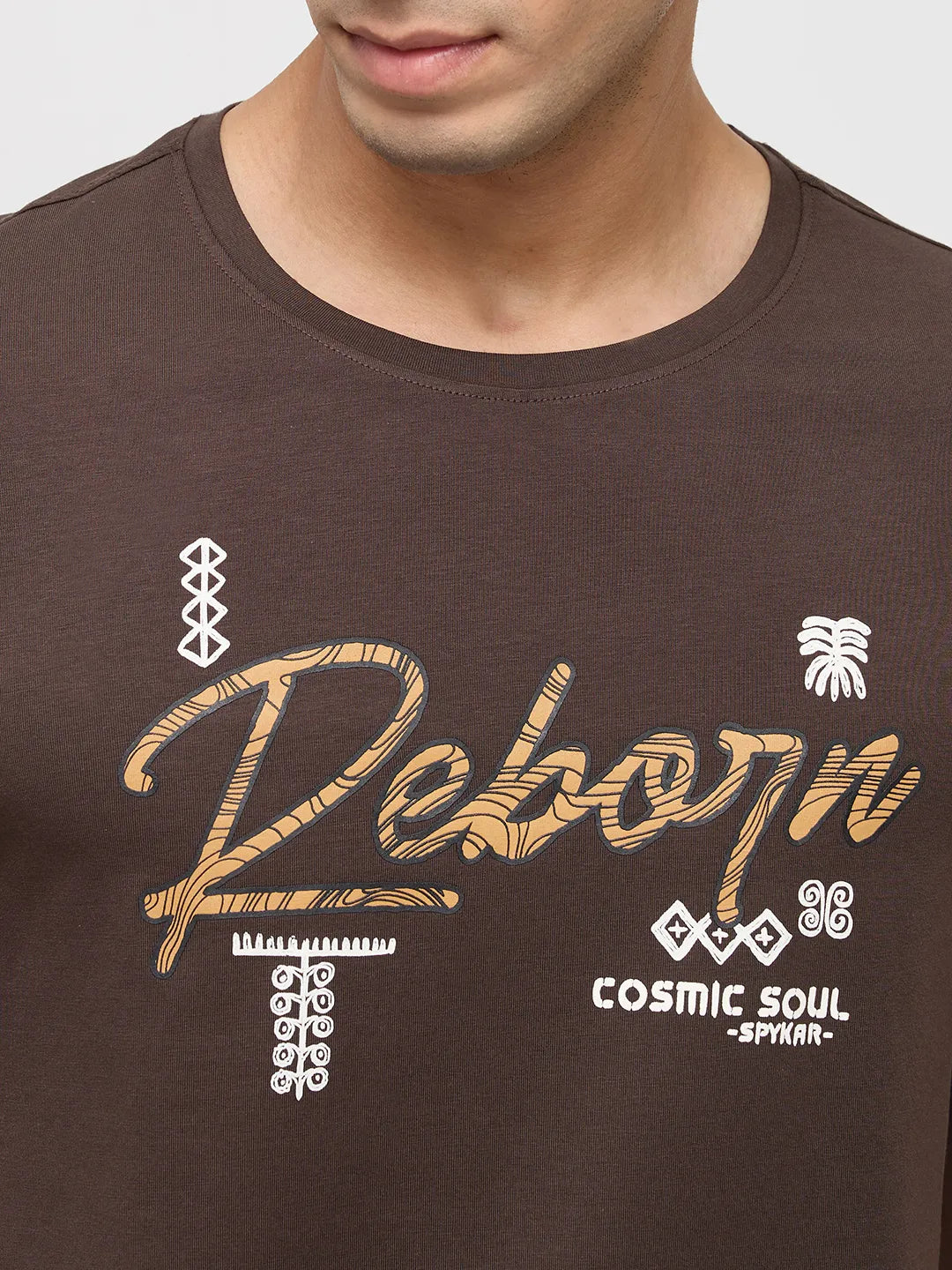 Men T-Shirt Graphic Brown Regular Fit