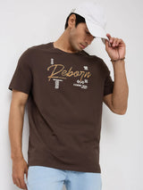 Men T-Shirt Graphic Brown Regular Fit