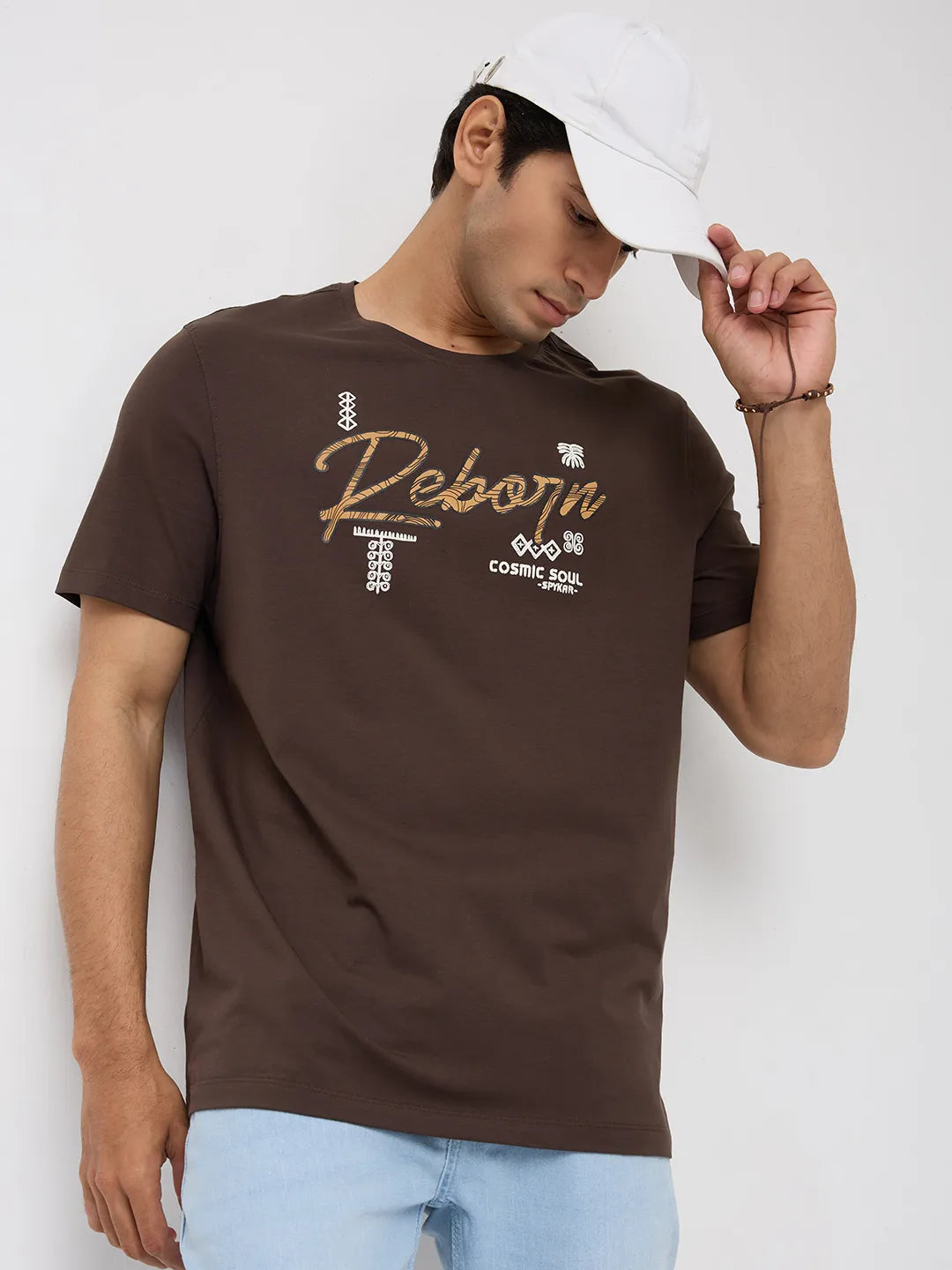 Men T-Shirt Graphic Brown Regular Fit