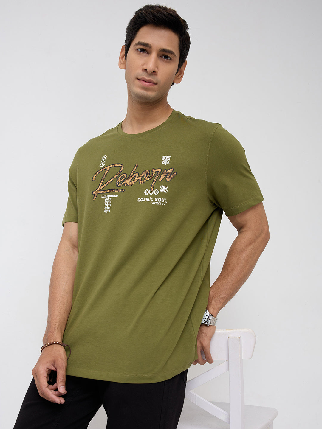 Men T-Shirt Graphic Green Regular Fit