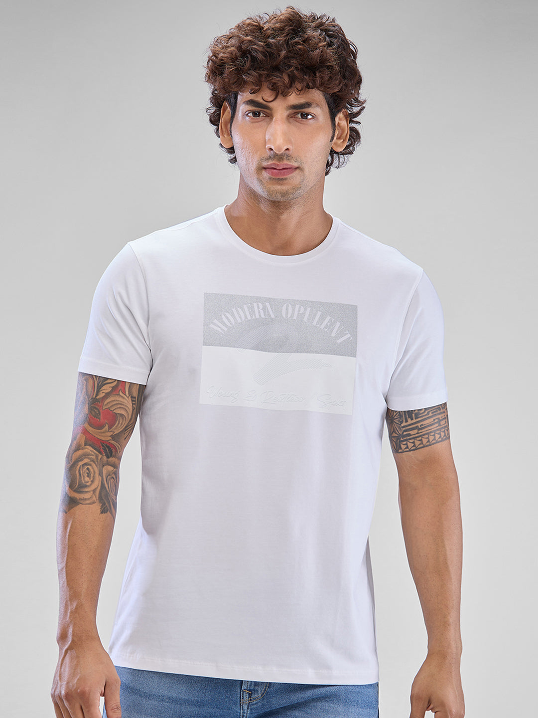 Spykar White Cotton Half Sleeve T-Shirt For Men