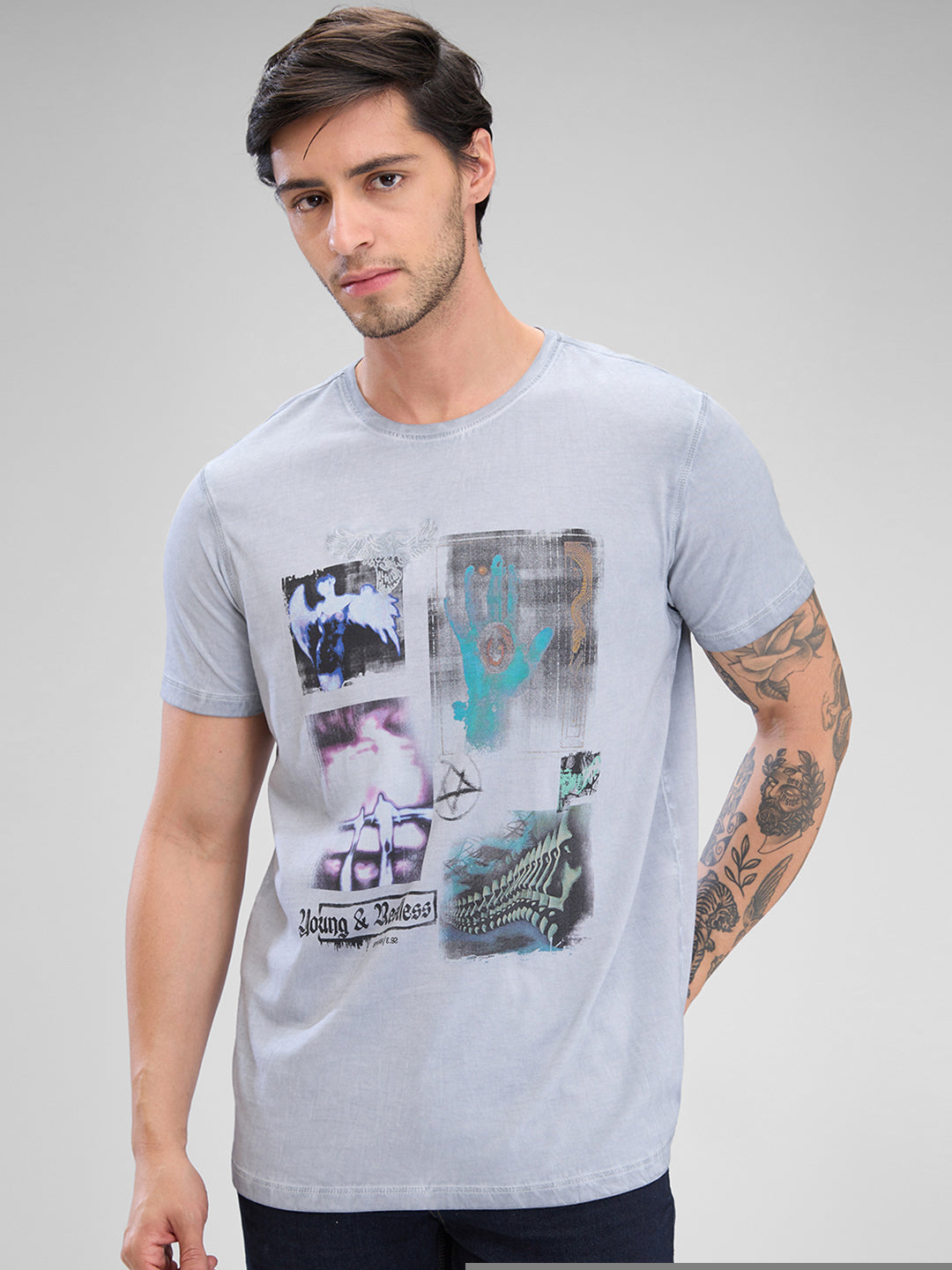 Spykar Grey Cotton Half Sleeve  Tshirt For Men