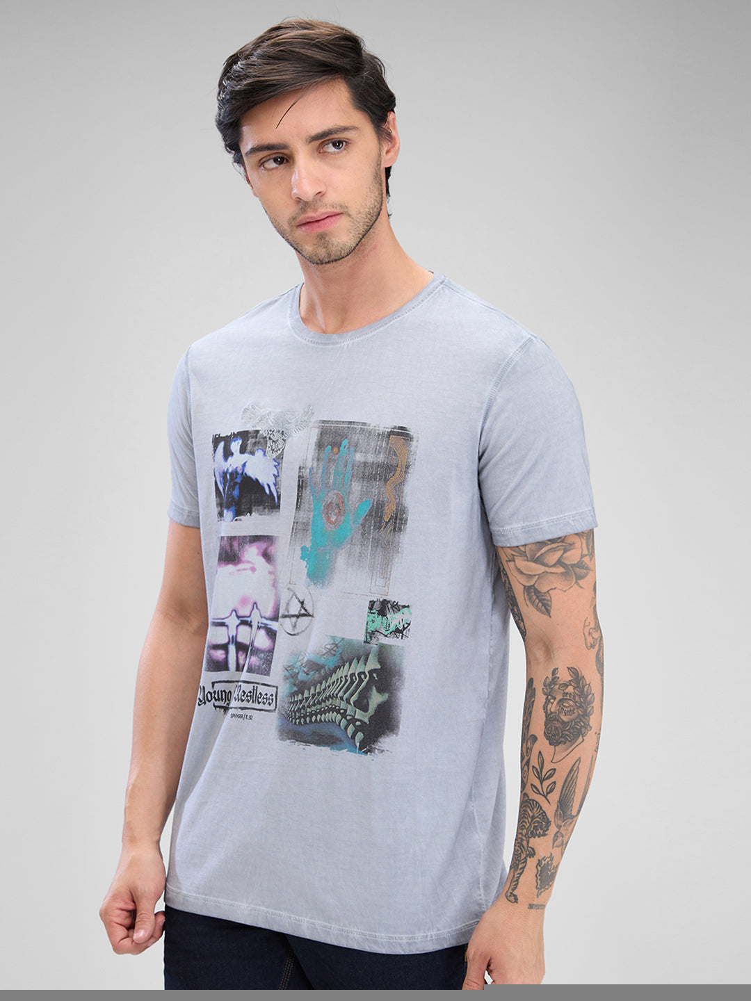 Spykar Grey Cotton Half Sleeve  Tshirt For Men