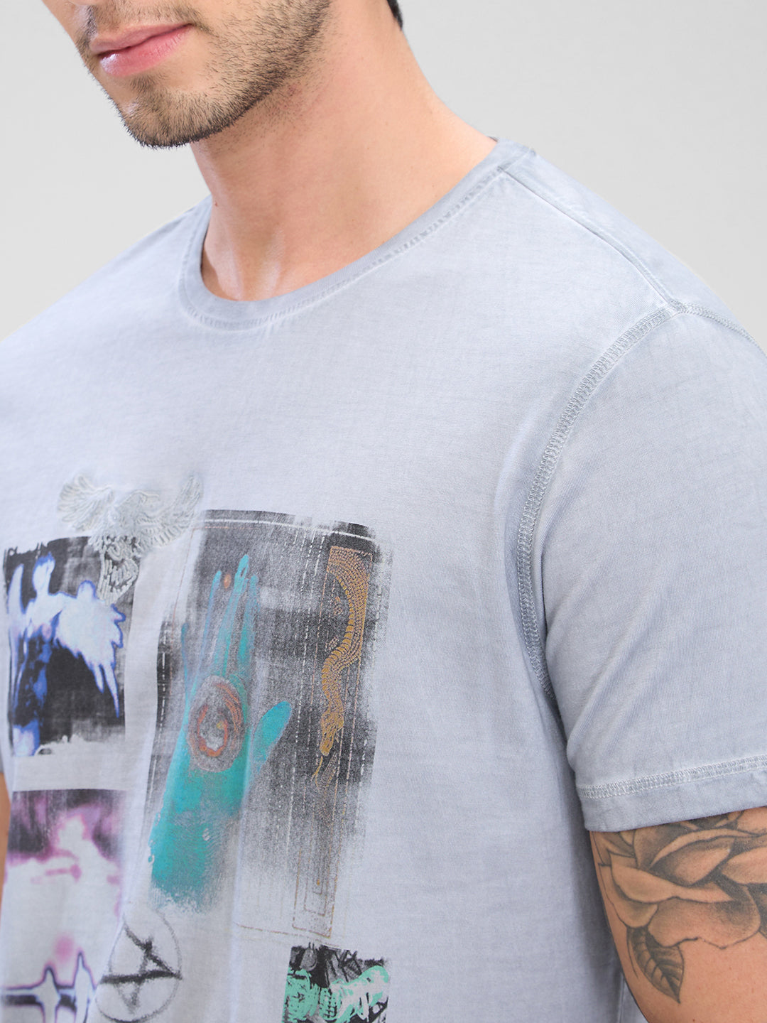 Spykar Grey Cotton Half Sleeve  Tshirt For Men