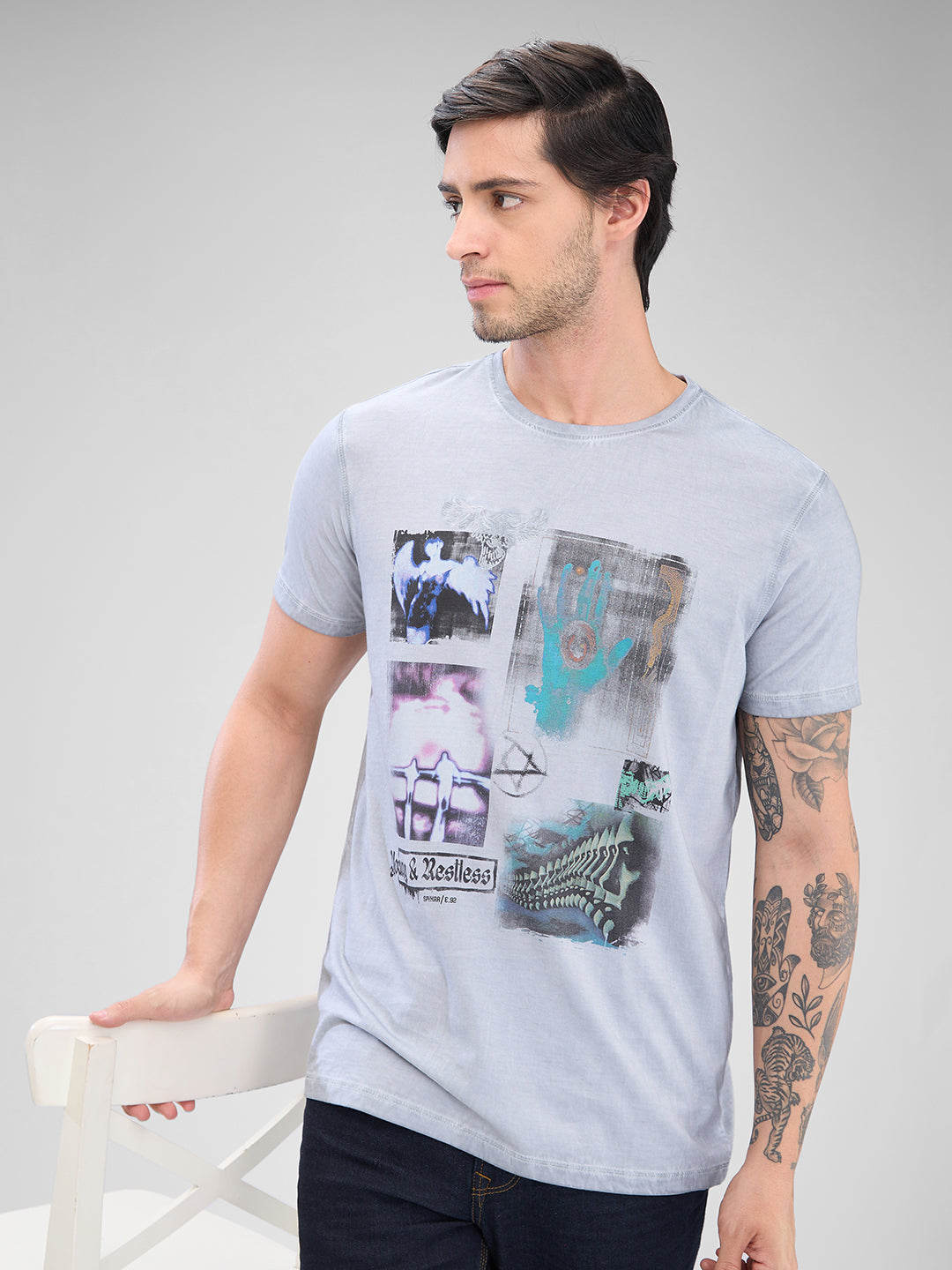 Spykar Grey Cotton Half Sleeve  Tshirt For Men