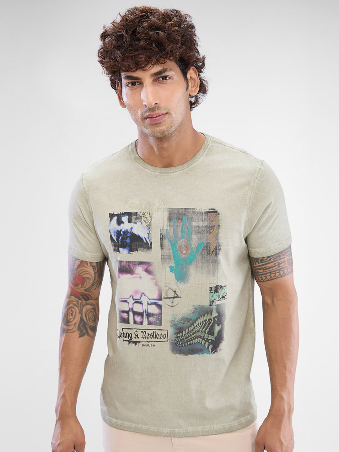 Spykar Moss Grey Cotton Half Sleeve  Tshirt For Men