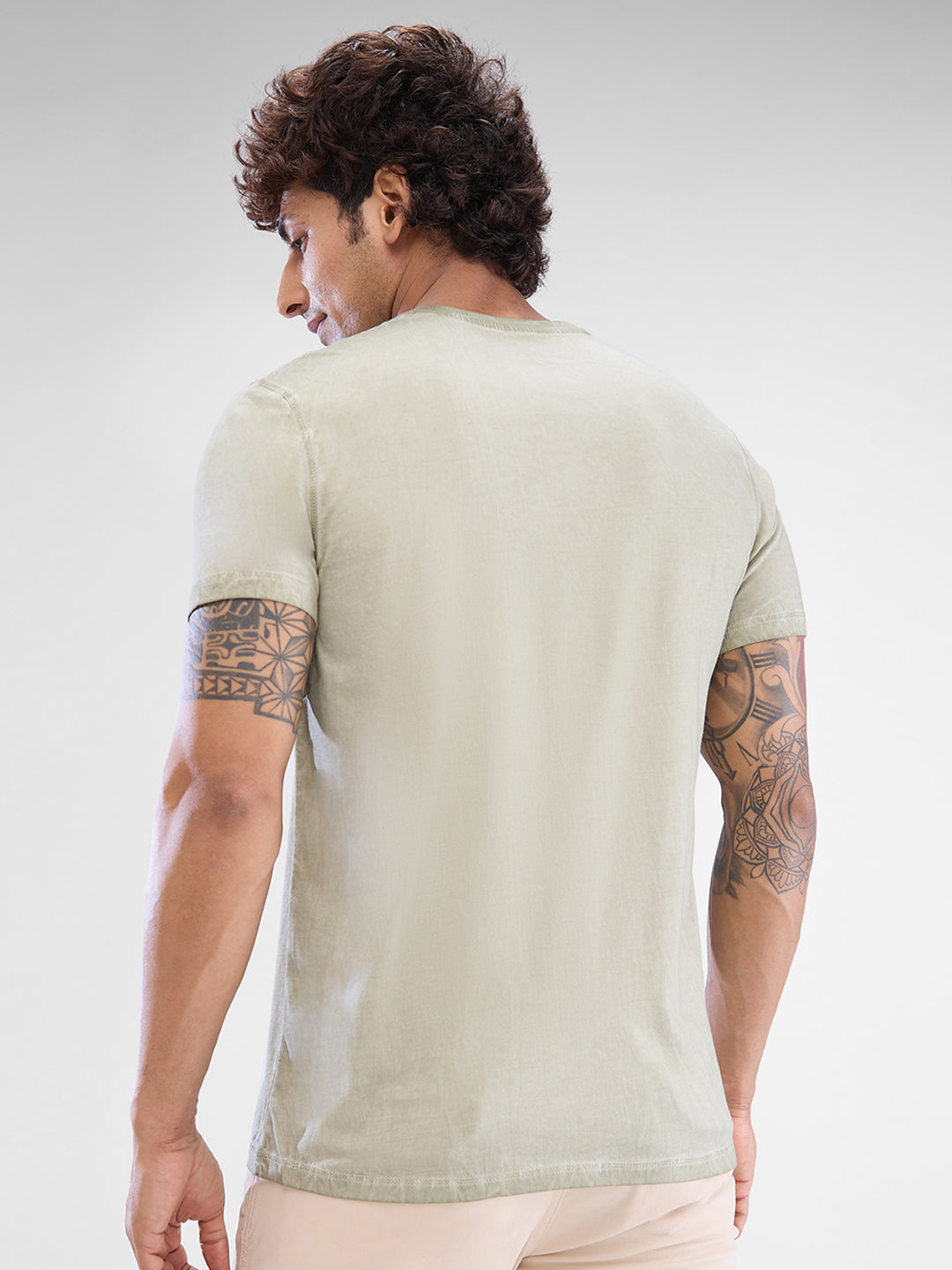 Spykar Moss Grey Cotton Half Sleeve  Tshirt For Men