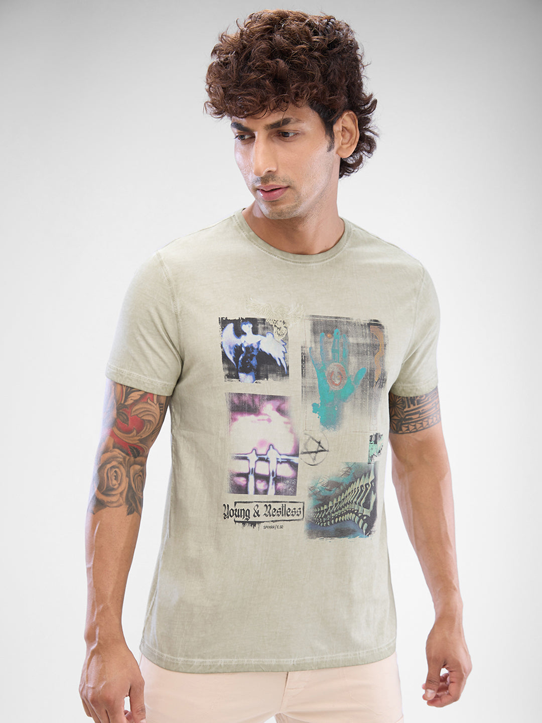 Spykar Moss Grey Cotton Half Sleeve  Tshirt For Men