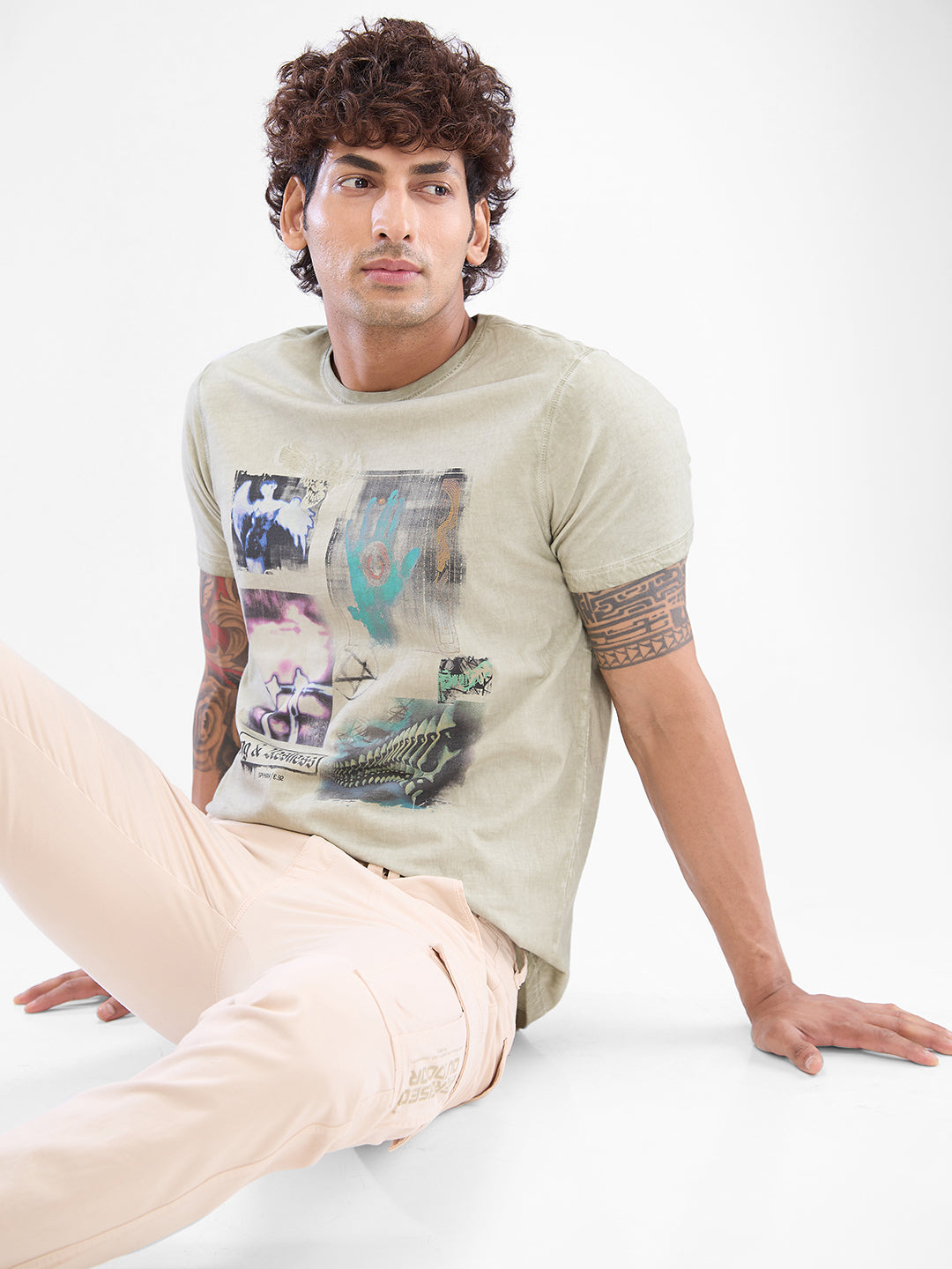 Spykar Moss Grey Cotton Half Sleeve  Tshirt For Men