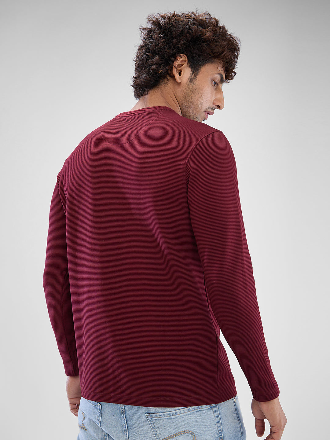 Spykar Wine Red Cotton Poly Full Sleeve T-shirt For Men