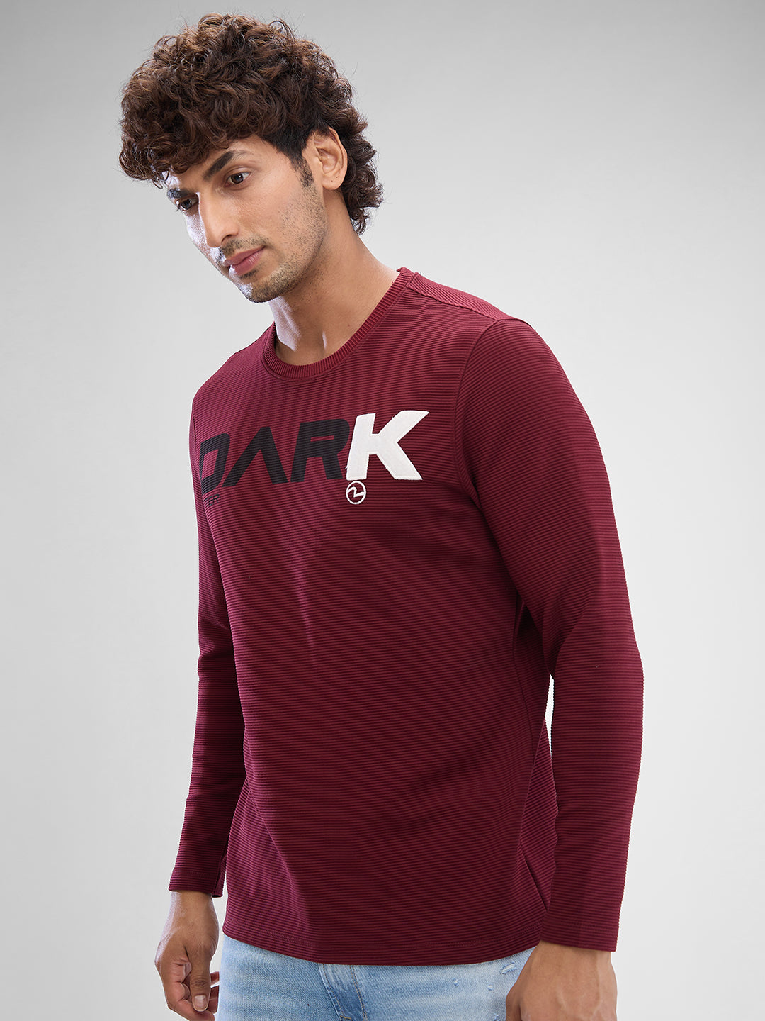 Spykar Wine Red Cotton Poly Full Sleeve T-shirt For Men