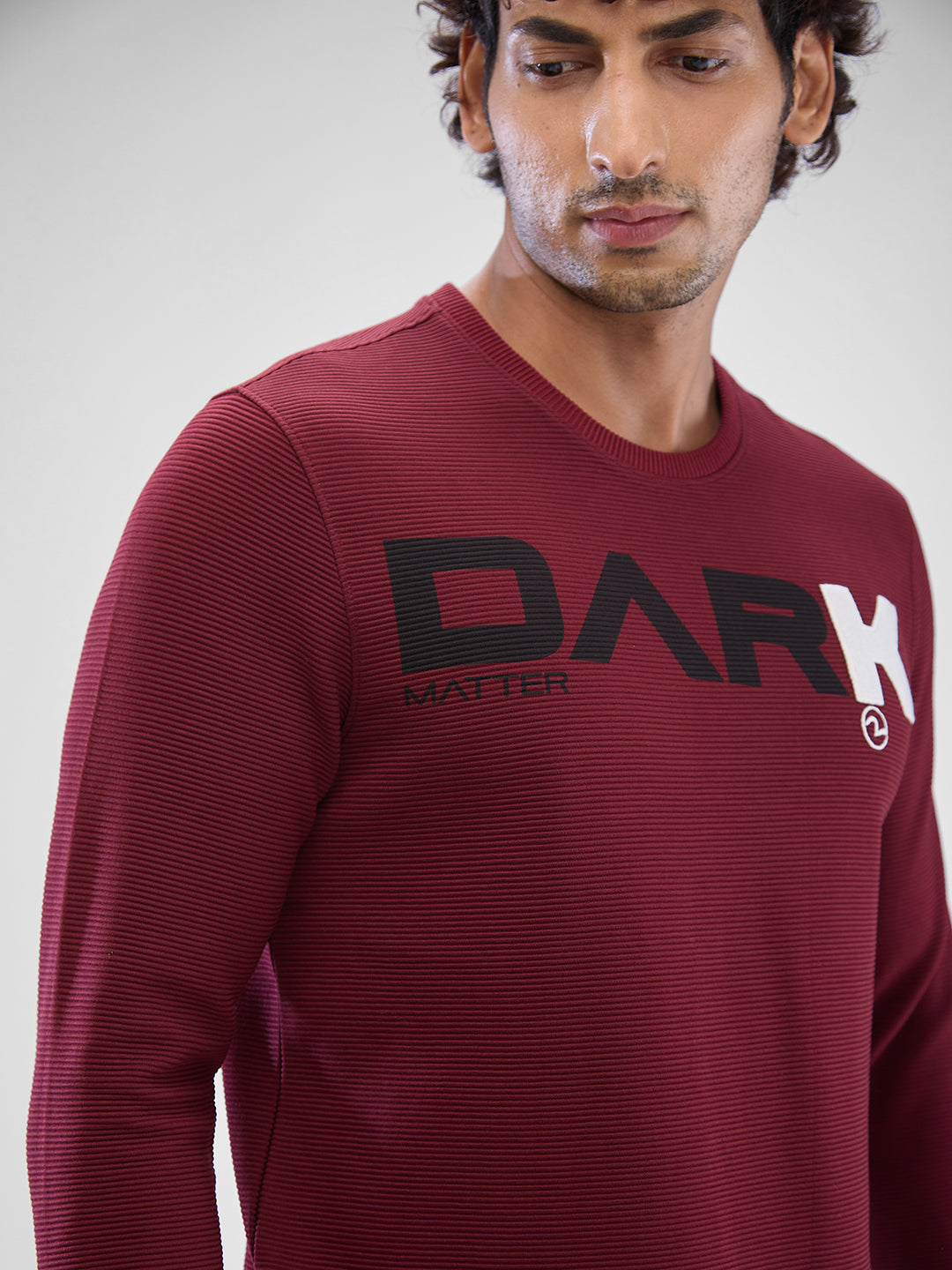 Spykar Wine Red Cotton Poly Full Sleeve T-shirt For Men