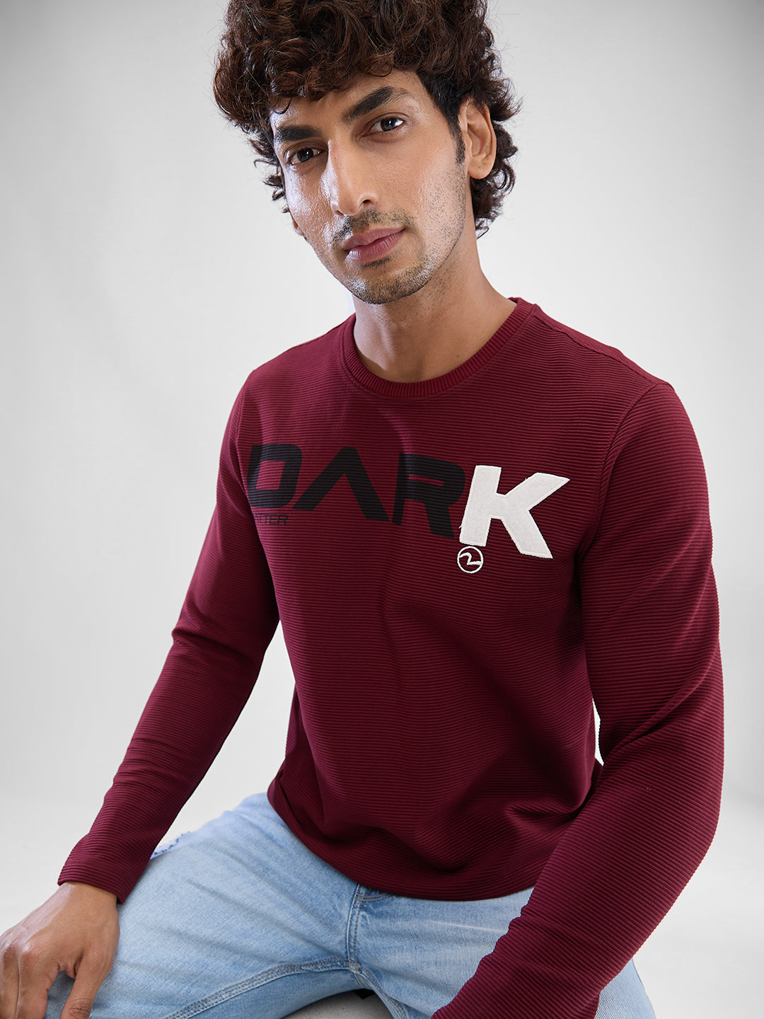 Spykar Wine Red Cotton Poly Full Sleeve T-shirt For Men