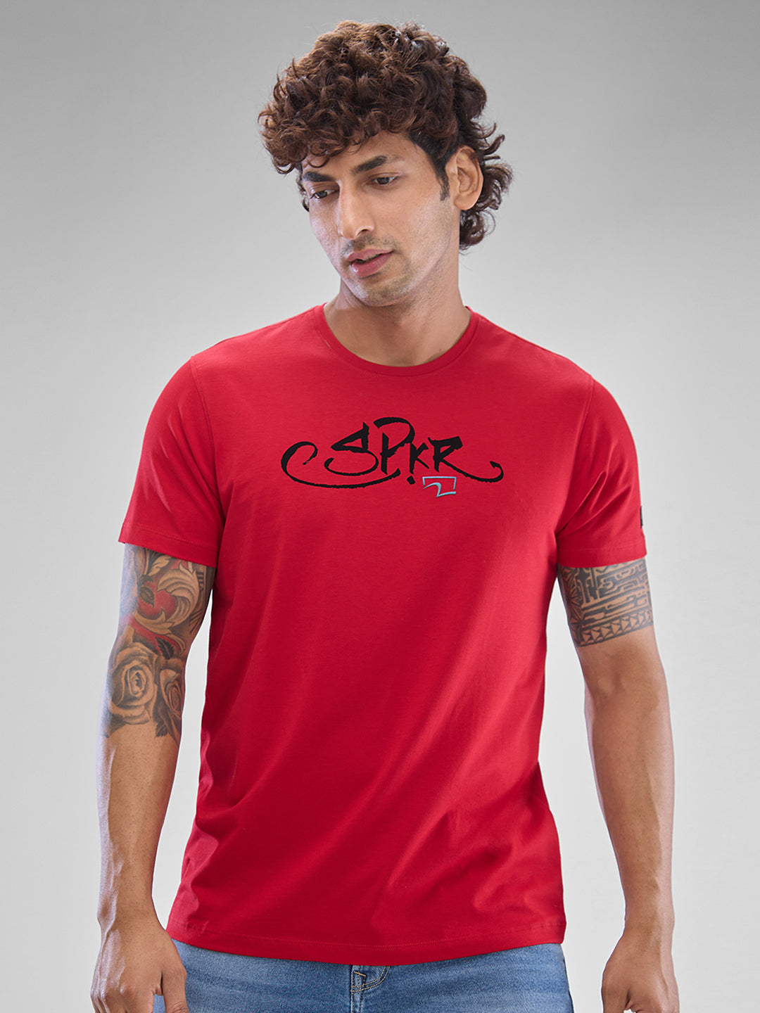 Spykar Deep Red Cotton Half Sleeve  Tshirt For Men