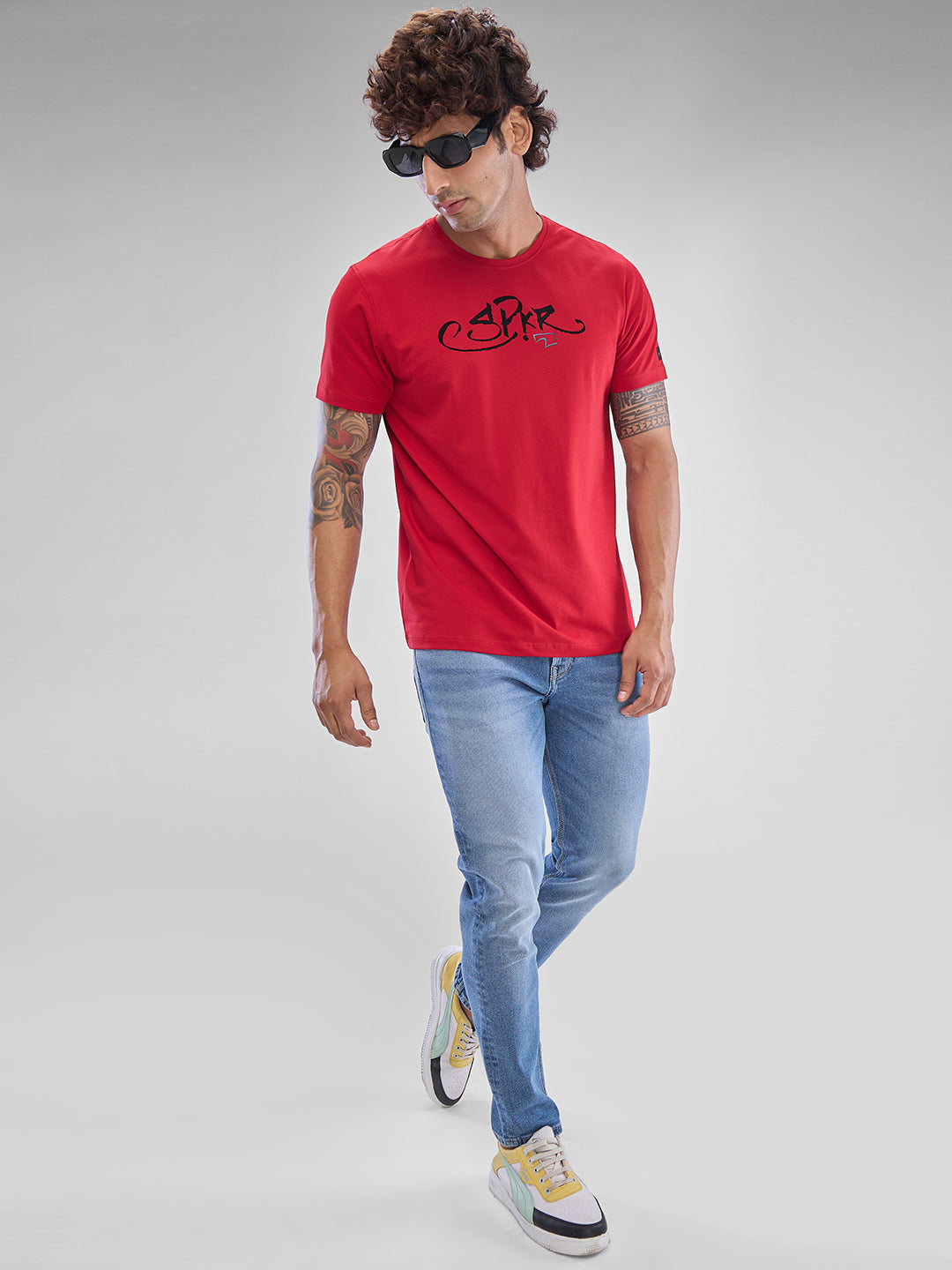 Spykar Deep Red Cotton Half Sleeve  Tshirt For Men