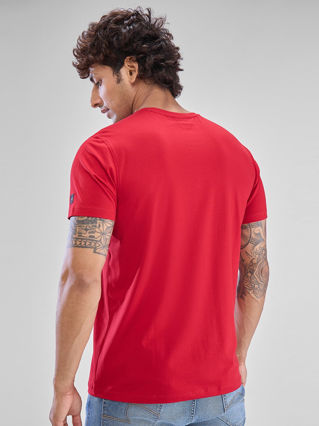 Spykar Deep Red Cotton Half Sleeve  Tshirt For Men